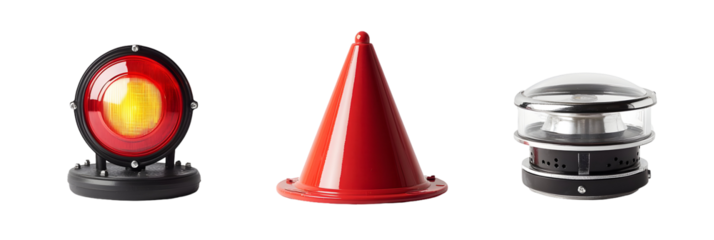 Elevated view showcasing safety gear, including warning lights and traffic cone on black backdrop