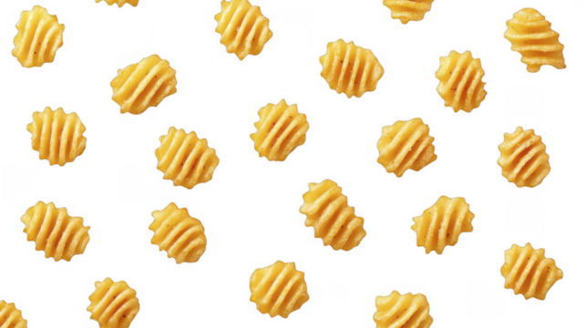 Scattered corrugated-cut potato chips on a transparent background, PNG image, PNG file.