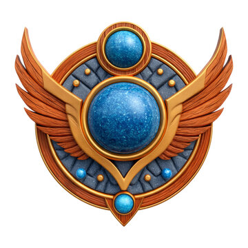 Decorative Badge Design Featuring Blue Gemstones and Golden Wings