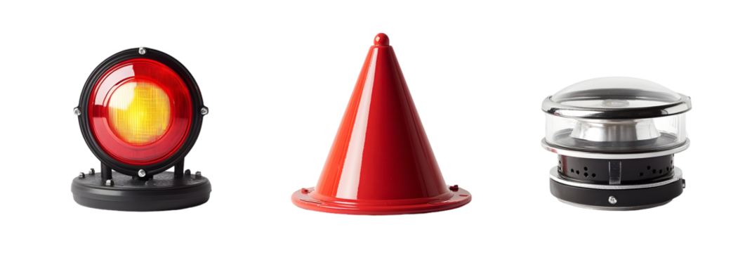 Elevated view showcasing safety gear, including warning lights and traffic cone on black backdrop