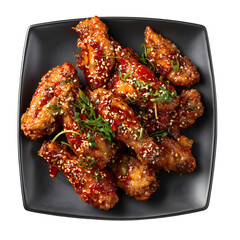 Crispy Korean fried chicken wings in sweet chili glaze, served in a modern platter with sesame seeds, isolated, white background