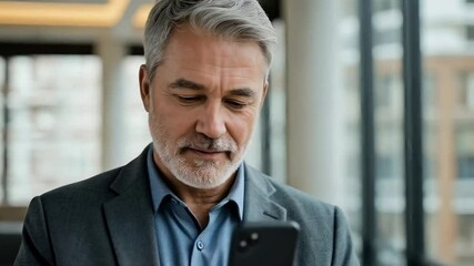 Smiling mature businessman using his smartphone in the office - Powered by Adobe