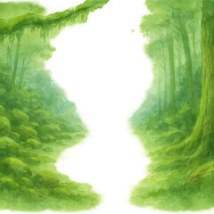 苔むす森と屋久杉を描いた神秘的な夏の屋久島フレーム（中央余白・透過PNG）