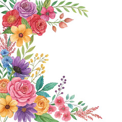 Vibrant watercolor background filled with colorful wildflowers, perfect for wedding stationery, seasonal cards, artistic floral designs and decorative elements