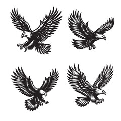Set of 4 Flying Eagle Silhouette Vectors – Outline Style Birds on White Background