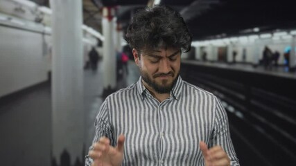 Hispanic young man with beard showing a displeased expression at an indoor railway train station setting under artificial lighting and blurred background.