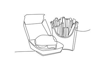 Continuous line drawing representing french fries and hamburger menu