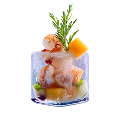 Deconstructed shrimp cocktail with citrus gel cubes and frozen vodka mist garnish, gourmet molecular style, isolated on white background