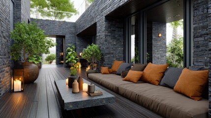 Cozy outdoor patio with modern decor and ambient lighting