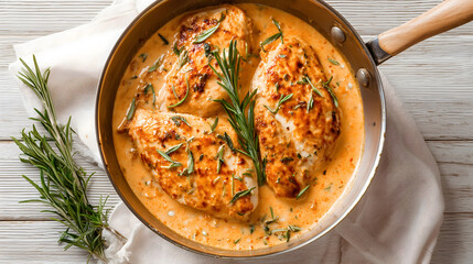Creamy Marry Me chicken breast in golden sauce served in pan, top-down view of cooked poultry dish with herbs