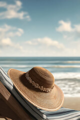 Relaxing day at the beach with a sun hat on a lounge chair near the ocean waves and clear sky