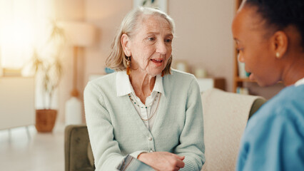 Fototapeta premium Nurse, talking and medical with old woman on sofa for occupational therapy, advice and consulting. Healthcare, caregiver and retirement with senior person in nursing home for wellness and support
