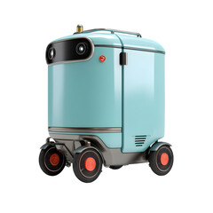 Description: A small, wheeled robot designed for last-mile delivery, equipped with AI navigation systems and a weather-resistant exterior. Isolated on a white background.