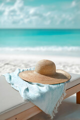 Relaxing beach scene with sunhat and blanket on a lounge chair by the turquoise water during a sunny day