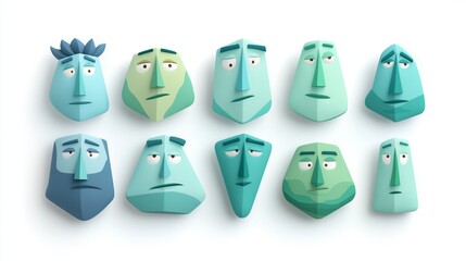 Ten unique geometric faces present a range of expressions, each crafted in a different shade of blue and green, displayed in a pentagon formation on a clean background