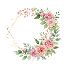 Pink flower and green leaves floral wreath in watercolor style ideal for save the date wedding stationery cards invitations and romantic celebration designs © sautb