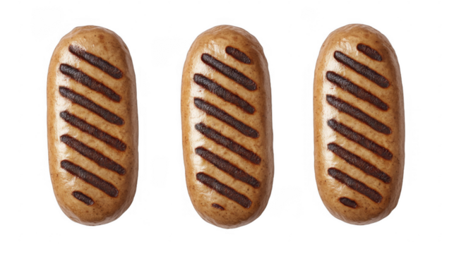 Grilled vegan sausages with grill marks on a transparent background, PNG image, PNG file.