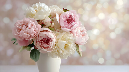Obraz premium Beautiful peony bouquet displayed elegantly in soft light with a blurred background