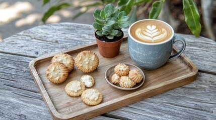 Wooden tray with cookies and coffee outdoors.