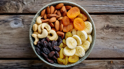 Healthy snack bowl filled with mixed nuts, dried fruits, and bananas on a rustic wooden table