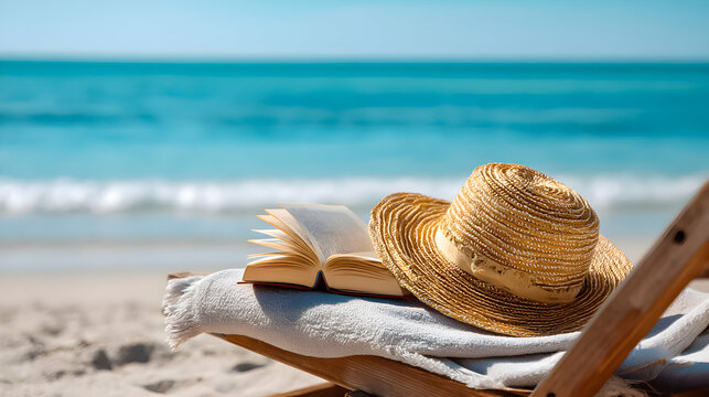 Relaxing by the beach with a book and a sun hat on a sunny day near the ocean - Powered by Adobe
