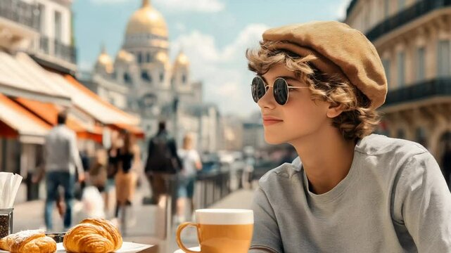 Young Caucasian woman enjoys coffee and pastries at a Parisian cafe, embracing travel and leisure beret croissant