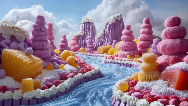 Journey through a vibrant landscape where mountains made of candy and marshmallows soar high. A fast river of sugar and caramel winds through this enchanting realm, creating a dreamlike adventure