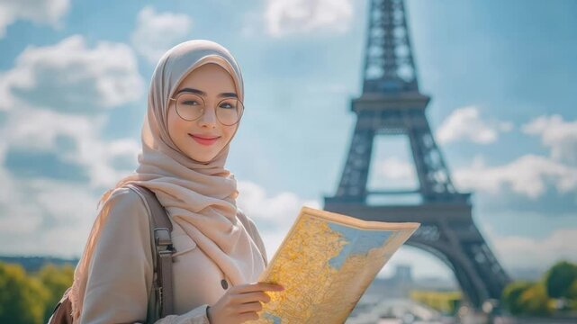 Young Middle Eastern woman in hijab exploring Paris with a map, featuring the Eiffel Tower, travel and culture