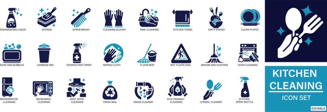  kitchen cleaning icon set includes essential tools and actions like dishwashing, sponge, soap bottle, gloves, disinfectant spray, hand washing, and trash bin. Perfect for hygiene guides