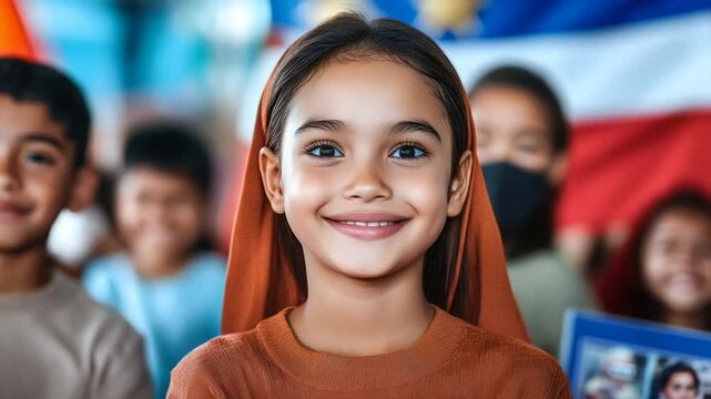 Smiling young girl with brown hair in a multicultural setting, celebrating diversity and unity flag in background