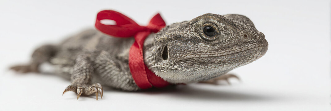 Quirky lizard adorned with a red ribbon, evoking Reptile Appreciation Day magic and whimsical pet fashion statements