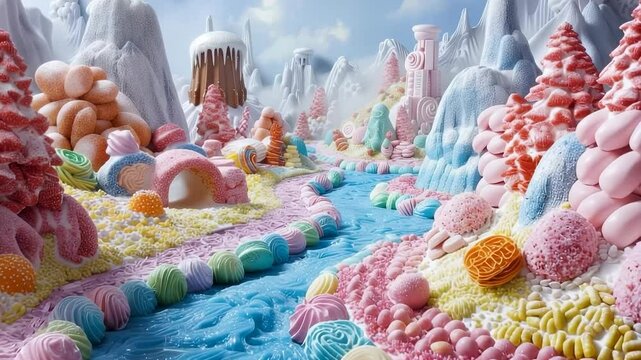 Landscape crafted from an array of colorful candies and sweets, mountains rise majestically above river of sugar syrup runs through