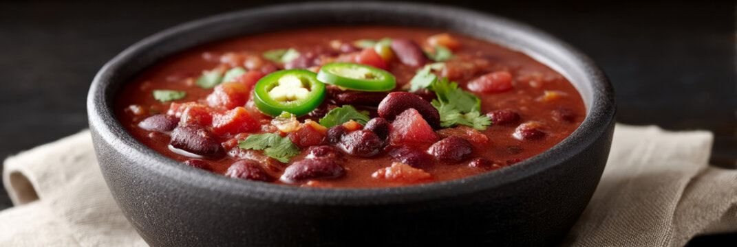 Spicy chili soup with vibrant jalapenos, cozy winter warmth, fiery fiesta flavors, perfect for International Hot and Spicy Food Day