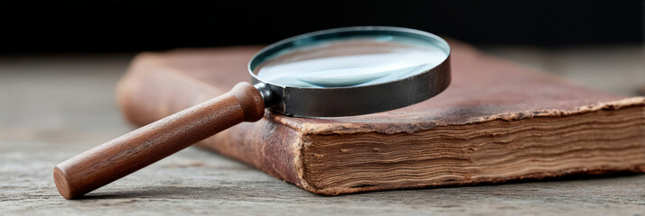 Magnifying glass atop antique book, exuding a Sherlockian aura of mystery, vintage investigations, echoes of Bibliomania and World Book Day