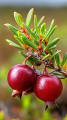 Obraz premium Crimson crowberries hang mysteriously amidst verdant foliage, invoking Arctostaphylos allure for Hygge gastronomy and Nordic autumnal rituals