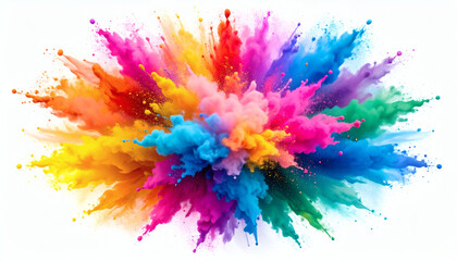 Abstract powder splatted background with colorful powder explosion on white for vibrant artistic textures, creative paint bursts, and dynamic visual effects