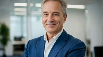 Confident businessman in blue suit standing with arms crossed smiling