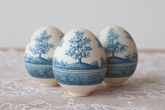 Artistic blue-patterned eggs on lace evoke Victorian intricacy, perfect for anachronistic Easter decor or whimsical porcelain collecting