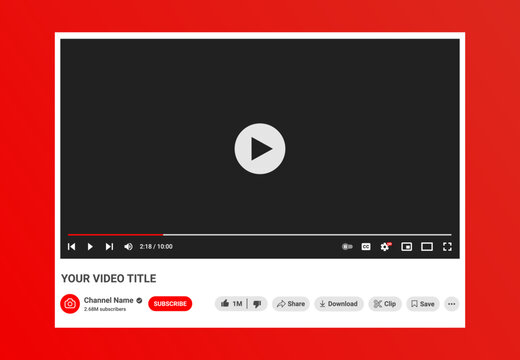 YouTube Video Player Mockup with Like, Share, Download, Subscribe, and Comment Buttons on Red Background Editable Web UI Template Vector Illustration