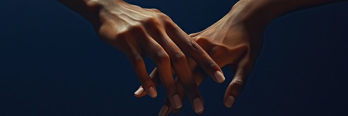 Close-up of two clasped hands against a deep blue backdrop.  The hands are dark-skinned, with well-defined fingers and nails.  A soft light highlights the intricate details