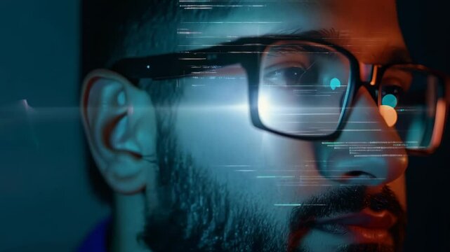Male programmer's eyes with eyeglasses in front of computer monitor. The glasses reflect a monitor with program codes and analytics. In the air are holographic program codes&nbsp;and&nbsp;analytics.