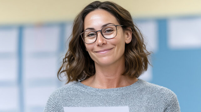 Smiling Caucasian woman with glasses holds a blank paper, evoking International Literacy Day and storytelling magic - Powered by Adobe