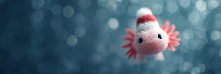 A whimsical axolotl plushie floats in a twinkling sea of blur, inspiring Dia de Muertos and Aquarium Day fantasy