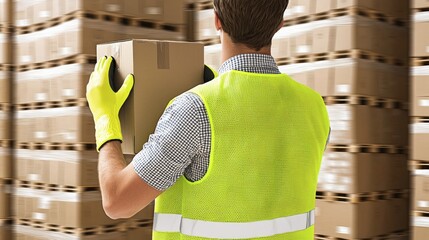 Warehouse worker carrying a box of goods.