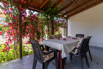 The Terrace of a traditional summer house surrounded by bougainvillea in Turkey