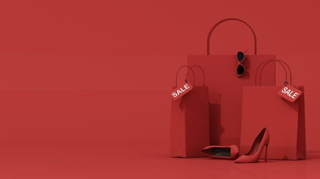 Minimal sale concept with percentage symbol, shopping bags, and fashion accessories on white background. Elegant and modern. 3d rendering.	
