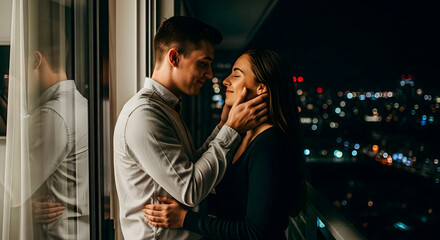 Couple Embracing on Balcony with City Lights at Night