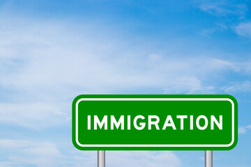 Green color transportation sign with word immigration on blue sky with white cloud background