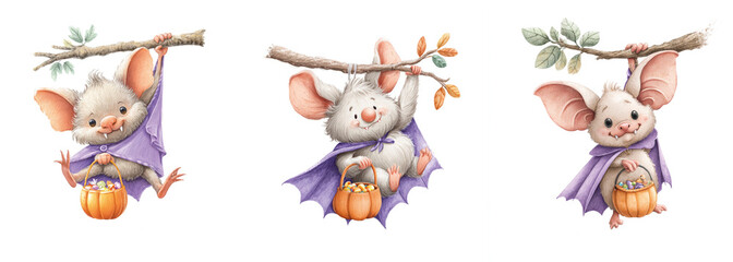 Naklejka premium Cute mice dressed in capes celebrate Halloween by hanging from a branch with candy baskets