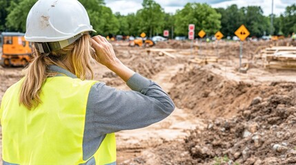 Construction site supervisor checking surroundings.